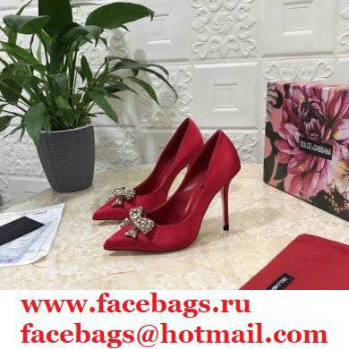 Dolce  &  Gabbana Heel 10.5cm Satin Pumps Red with Crystal Bow 2021